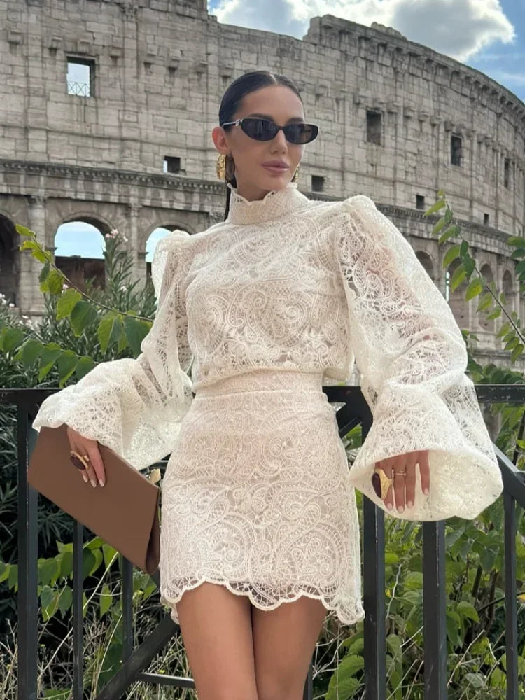 White Lace Dresses Elegant Solid Flared Sleeve High Neck Slim Pleat Mini Women Dress 2026 New Fashion Club Evening  Party Robes - Sun Studio
