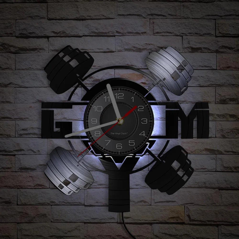 Fitness Equipment Thema Vinyl Schallplatte Fitness Wanduhr Heimdekoration LED Hintergrundbeleuchtung Moderne Fitness Uhr