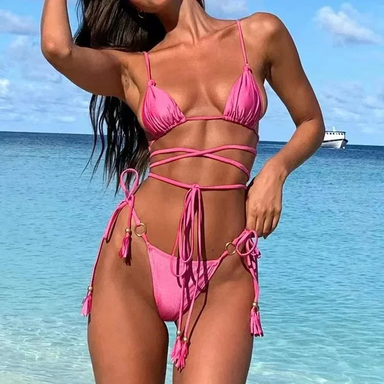 2024 New Sexy Bikini Luxury Swimwear Women Solid Folds Swimsuit Female Bandeau Thong Brazilian Bikini Set Beach Bathing Suit - Sun Studio