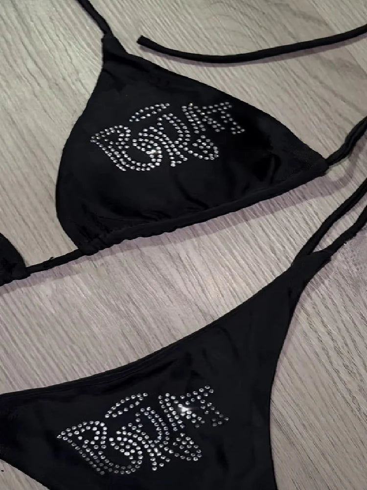 2000s Woman Punk New Beach Swimwear gothic clothes BRAT Rhinestone printing Grunge Swimsuit Bikini Y2K Bathing Suits Lace Up ﻿ - Sun Studio