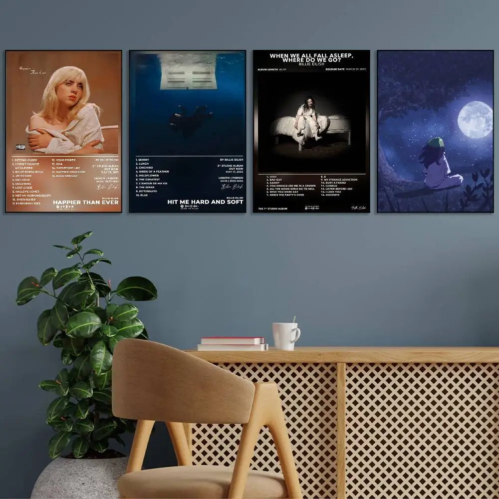 Singer B-Billie E-EilishS Poster Gallery Prints Self Adhesive Home Decor Decoration Wall Decals Living Room Sticker - Sun Studio