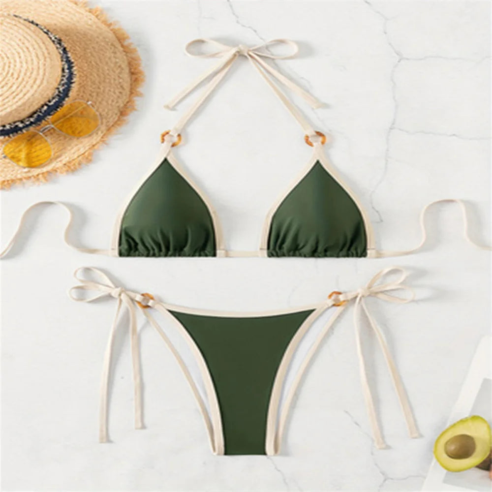 Micro Green Bikinis Halter String Border Y2K Swimsuit Push Up Backless Biquini Vacation Swimwear Women Beach Outfit Bathing Suit - Sun Studio