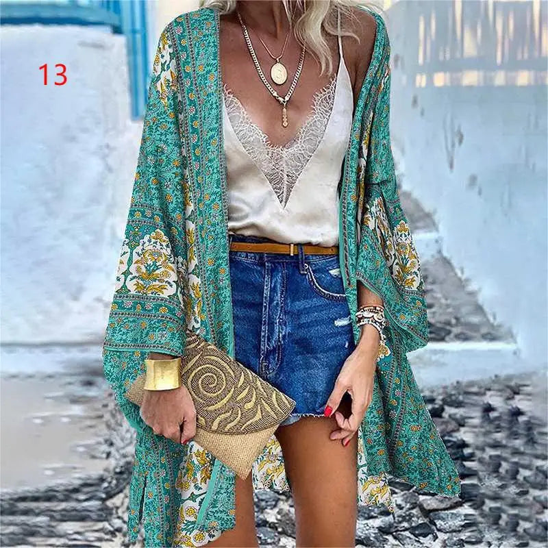WeHello 2023 Summer Bohemian Casual Cloak Cardigan for Swimsuit woman Beach Swimwear Tops Long Sleeved Shawl Chiffon Shirt - Sun Studio