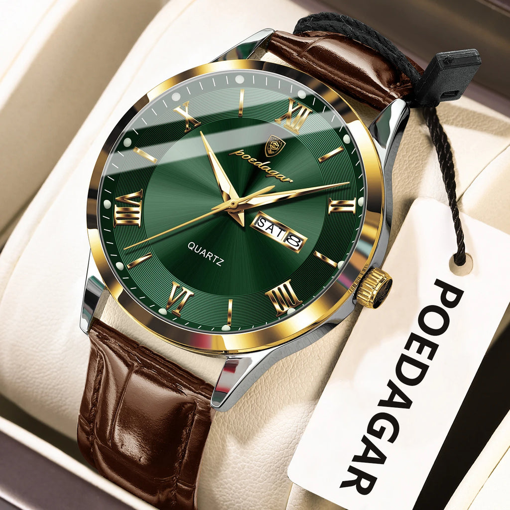 POEDAGAR Classic Luxury Men's Wristwatch Date Week Leather Business Man Watch Waterproof Luminous Fashion Quartz Watches For Men - Sun Studio