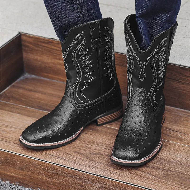 Men's Classic Retro Western Cowboy Boots Embossed Leather Mens Fashion Embroidery Mid-Calf Boot High top Casual Shoes for Men - Sun Studio