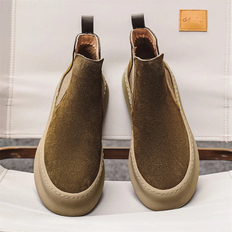 Fashion Brand Men Genuine Leather Mid Top Boots with British Style Autumn Winter Men Anti Slip and Wear-resistant Chelsea Boots - Sun Studio