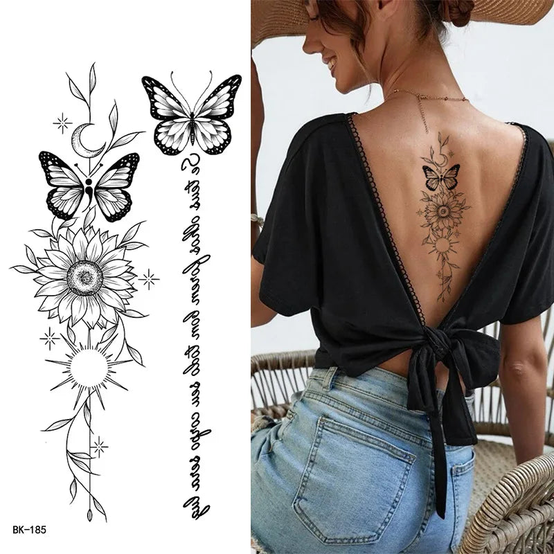 Schwarz Weiß Temporäre Transfer Tattoos Florale Schmetterlinge Schriftzüge Linienkunst Wasserfeste Körperaufkleber für Musikfestival Party