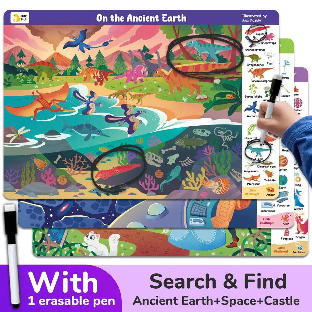 Search and Find Game Looking for Different 3 Themes Interactive Activity Painting Kit Drawing Books with Reusable Pen - Sun Studio