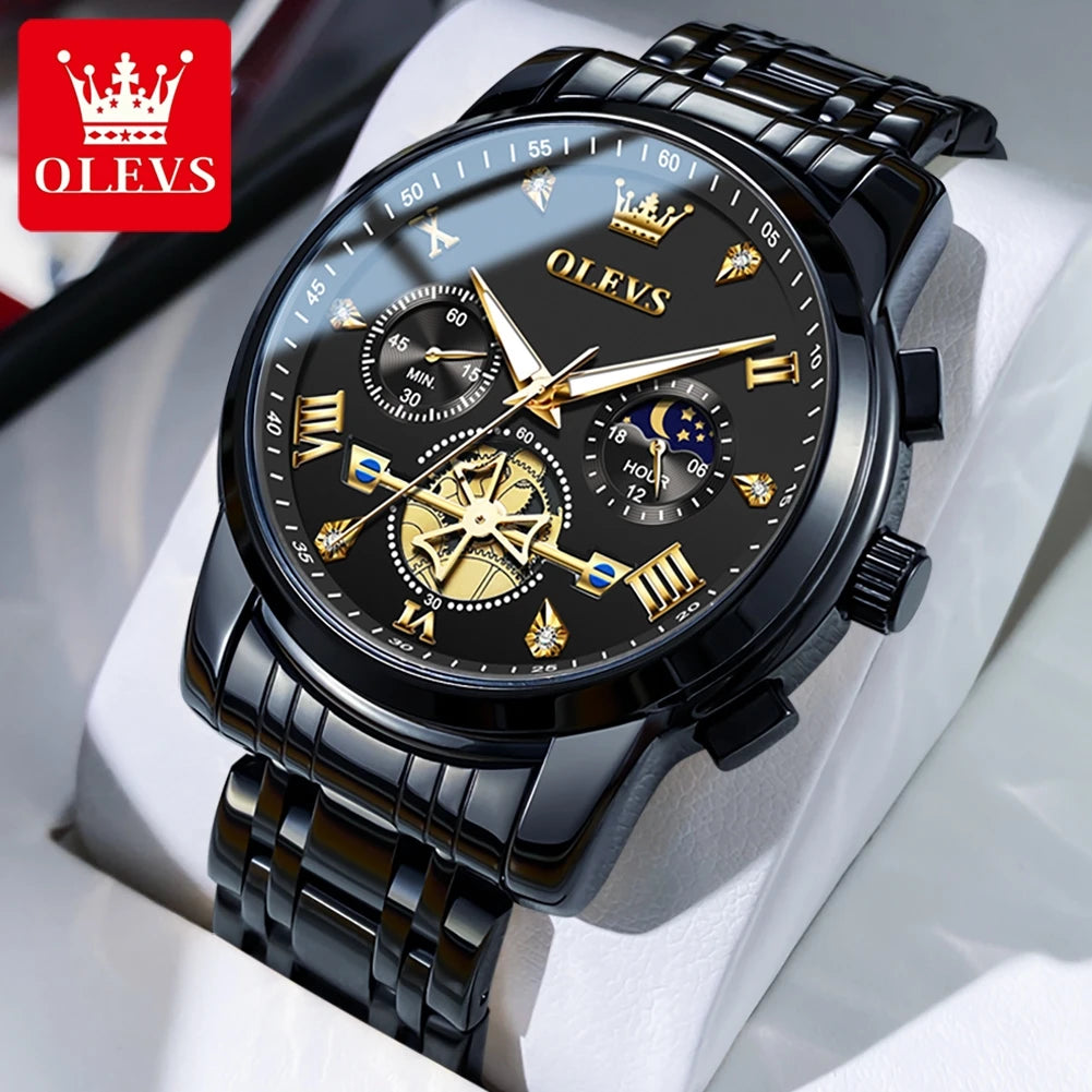 OLEVS Herrenuhren Klassisches Multifunktionales Schwungrad-Design Edelstahl Wasserdicht Mondphasen Herrenarmbanduhren 2024 Trend