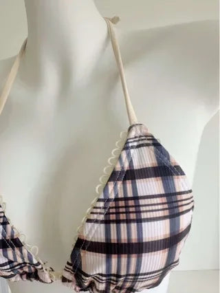 Low-Waist Plaid Bikini with Drawstring Strap Thermal Spring Swimsuit Women's Fashionable Vintage Lace Detailing By-Jane - Sun Studio