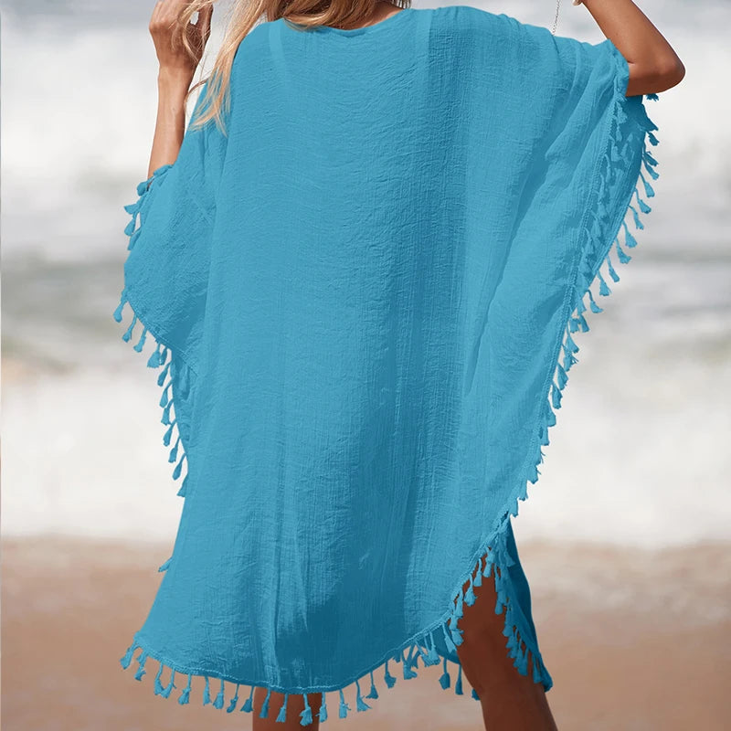 Women's Handmade Crochet Splicing Swimsuit Cover-Ups With Tassel Summer Holiday Beach Casual Loose Sunscreen Short Dress - Sun Studio