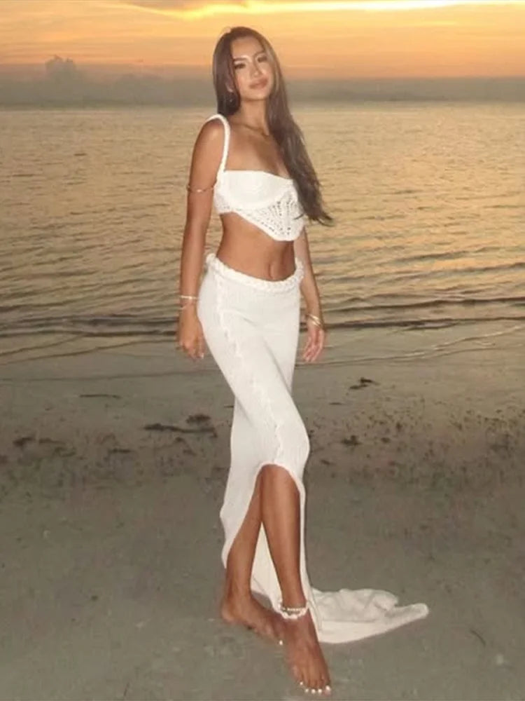 Halter Knitted Vest Bikini Top Split Fishtail Skirt Set Crochet Hollow Out Beach Swimsuit Sexy Backless Suspender Long Skirts - Sun Studio