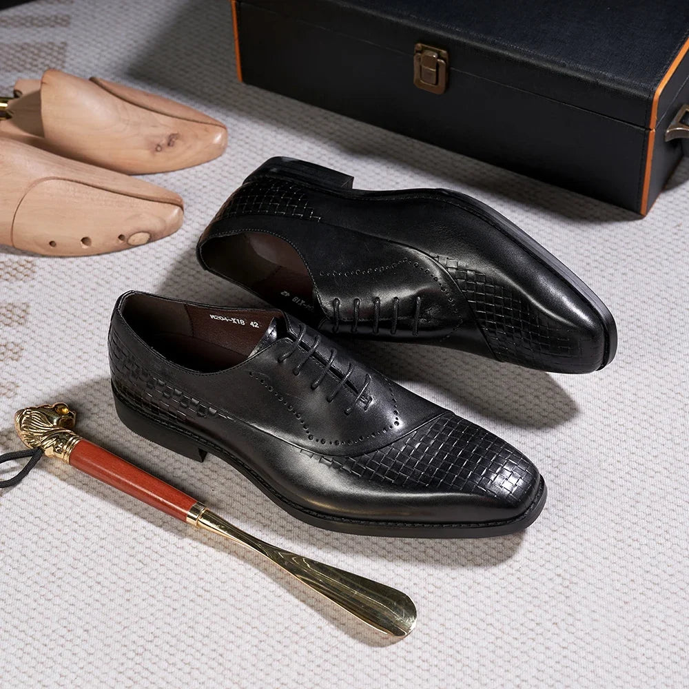 Men's Genuine Leather Oxfords Fashion Pointed Toe Wedding Party Dress Shoes Luxury Lace-Up Office Career Formal - Sun Studio