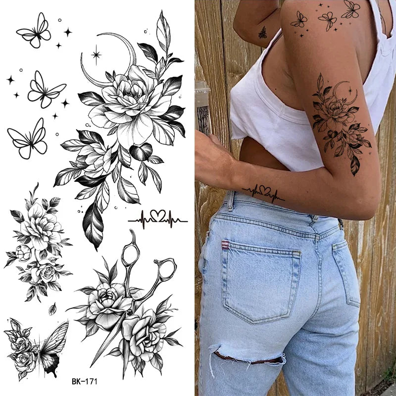 Schwarz Weiß Temporäre Transfer Tattoos Florale Schmetterlinge Schriftzüge Linienkunst Wasserfeste Körperaufkleber für Musikfestival Party