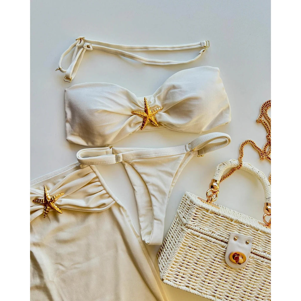 3 Piece Bikini Women Swimsuit 2024 Female Swimwear Sexy Bikini Set Swimming Suit Bathing Suit Biquini Skirt Shiny Cover Ups - Sun Studio