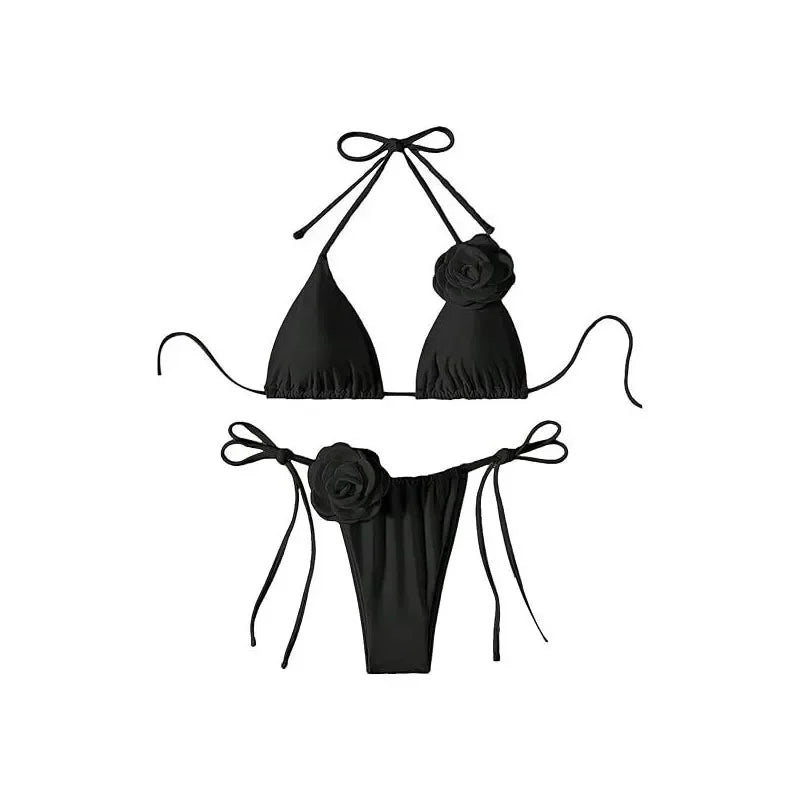 Sexy 3D Flower Black Triangle Bikinis Sets Micro Thong Swimsuit Women String Halter Bathing Suit Bikini 2025 Mujer Biquinis Swim - Sun Studio