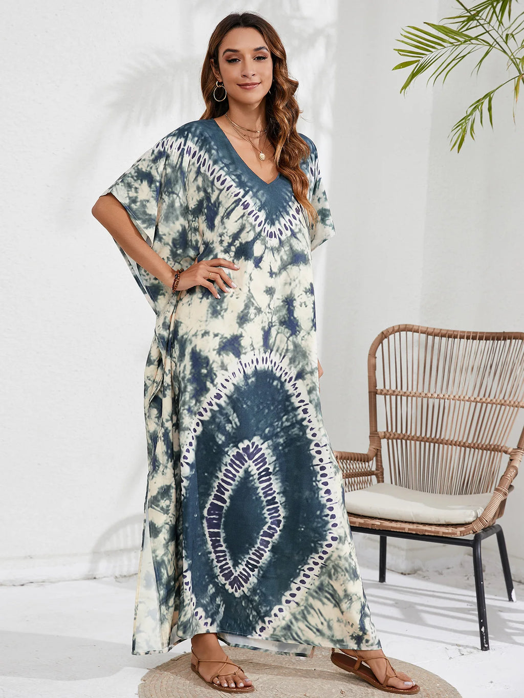Kaftan Dresses for Women Plus Size Tie Dye Batwing Sleeve Caftans Swimsuit Coverup Maxi Dress Loungewear - Sun Studio