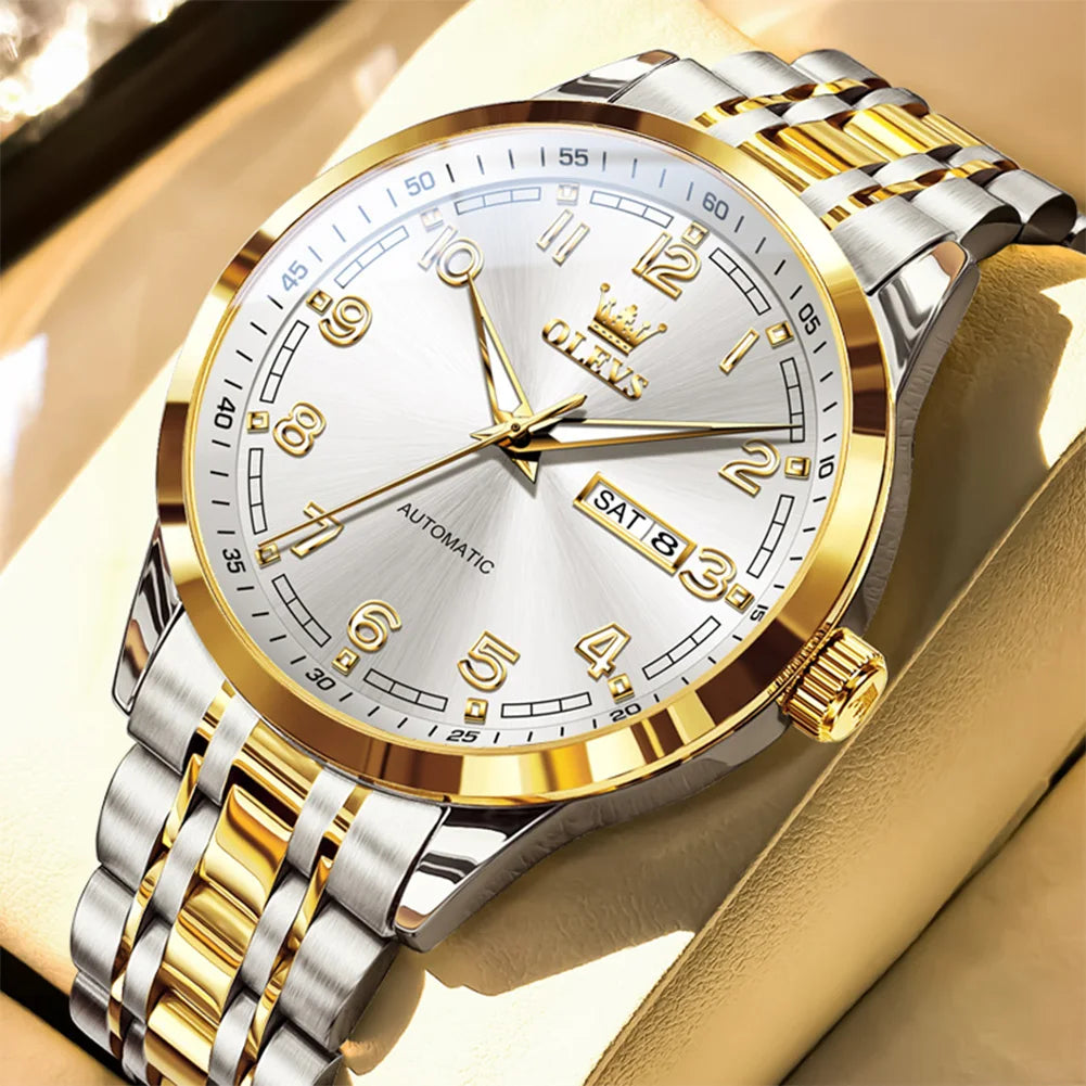 OLEVS Men Watches 7077 Luxury Fashion Top Brand Original Automatic Mechanical Watch for Man Double Scale Simple Trend Waterproof - Sun Studio