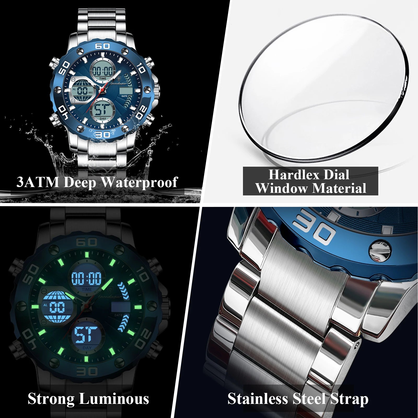 POEDAGAR Military Men's Quartz Wristwatch LED Alarm Dual Display Men Watch Electronic Waterproof Outdoor Sports Watches for Men - Sun Studio