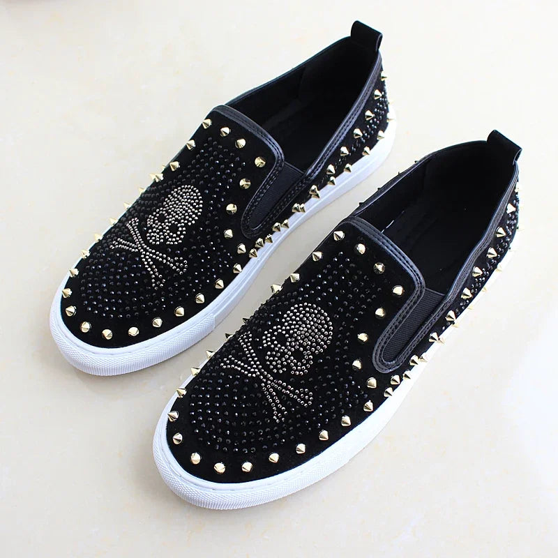 2025 New Shoes for Men Tide Leather Casual Shoes Spring Autumn Cool Skull Rivet Flat Shoes Leisure Slip-on Loafers - Sun Studio