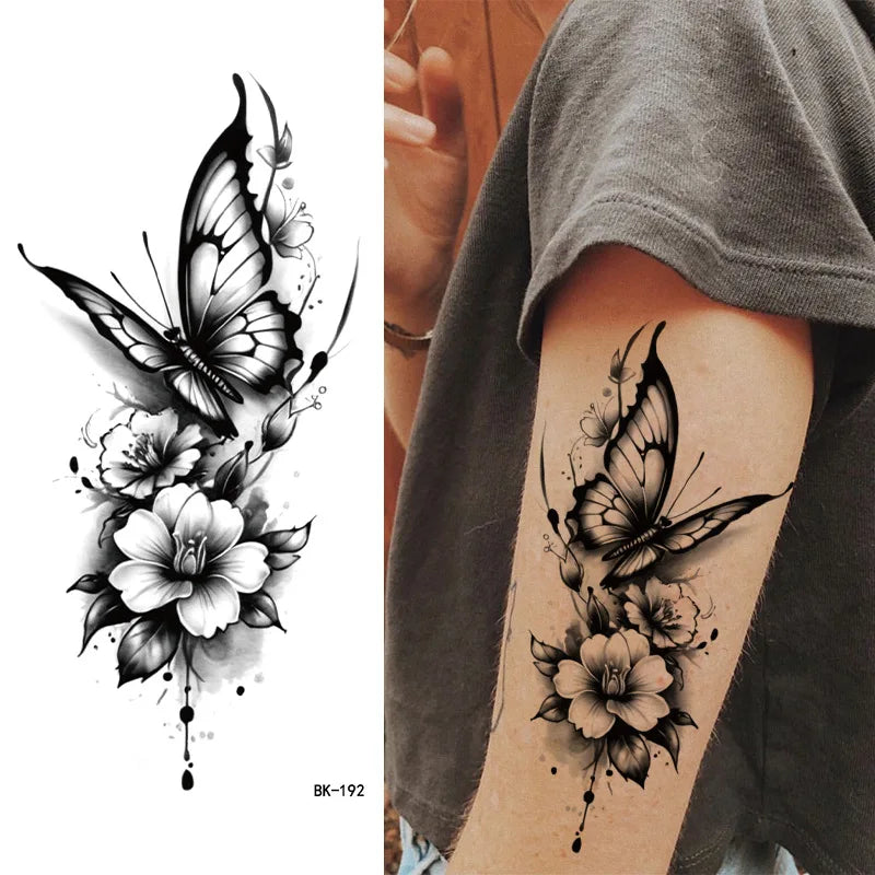 Schwarz Weiß Temporäre Transfer Tattoos Florale Schmetterlinge Schriftzüge Linienkunst Wasserfeste Körperaufkleber für Musikfestival Party