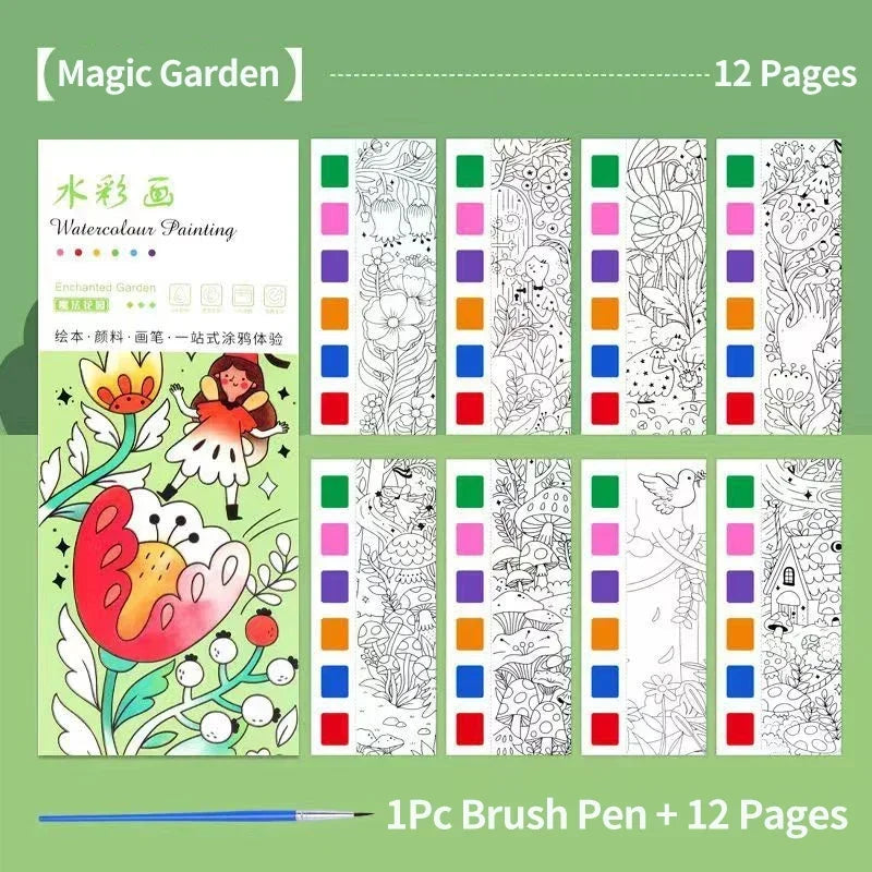 1PC Children's Watercolor Coloring Book Kids Adult Watercolour Coloring Paper With Water Paint Pens Girls Student Birthday Gift - Sun Studio