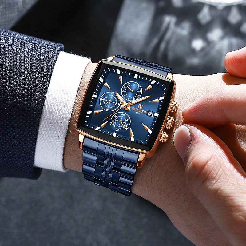 REWARD Fashion Square Dial Watch for Men Stainless Steel Waterproof Quartz Chronograph Mens Watches Luxury Sport Male Clock - Sun Studio