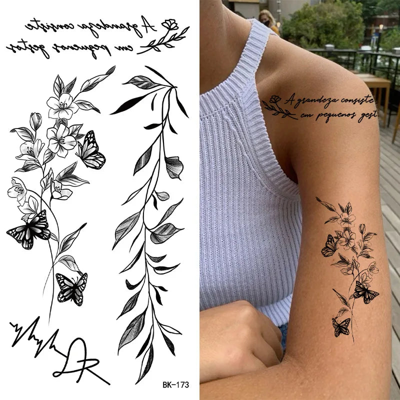 Schwarz Weiß Temporäre Transfer Tattoos Florale Schmetterlinge Schriftzüge Linienkunst Wasserfeste Körperaufkleber für Musikfestival Party