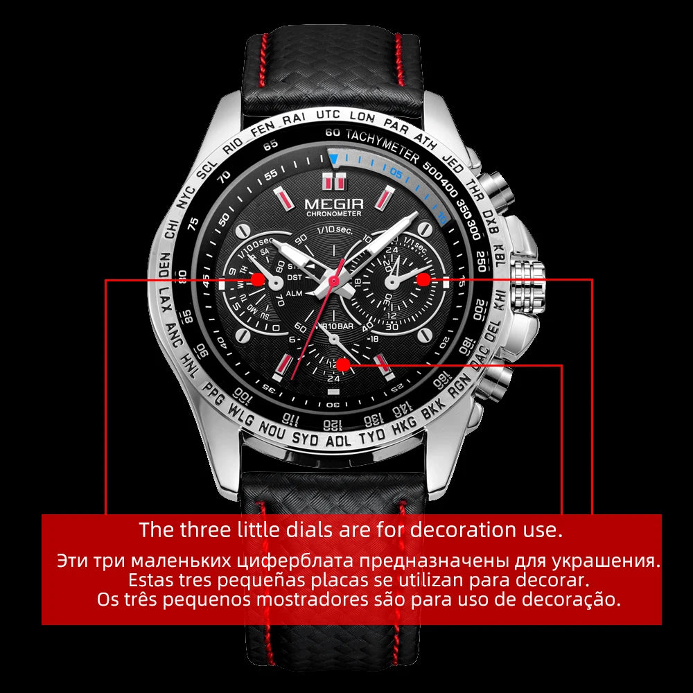 MEGIR Fashion Man's Quartz Analog Wristwatch Brand Waterproof Luxury Leather Watches for Men Casual Black Watch Male 1010 - Sun Studio