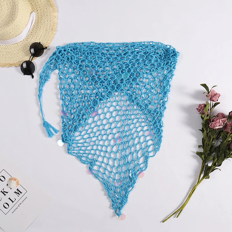 Women's Handmade Crochet Triangle Mesh Shawl With Sequins Sexy Beach Sunscreen Skirt Summer Hollow Out Swimsuit Cover Ups - Sun Studio