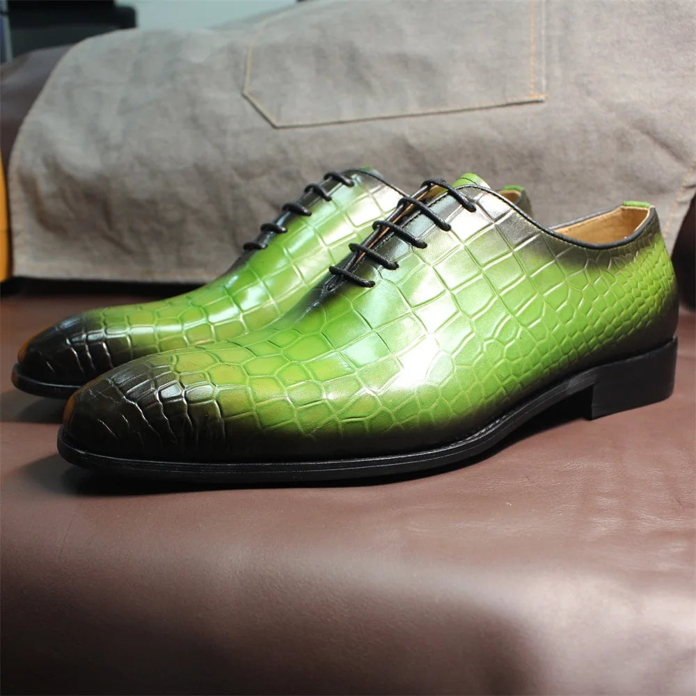 FELIX CHU Men's Genuine Cow Leather Shoes Crocodile Print Business Green Dress Shoes Formal Wedding Footwear for Spring Autumn - Sun Studio