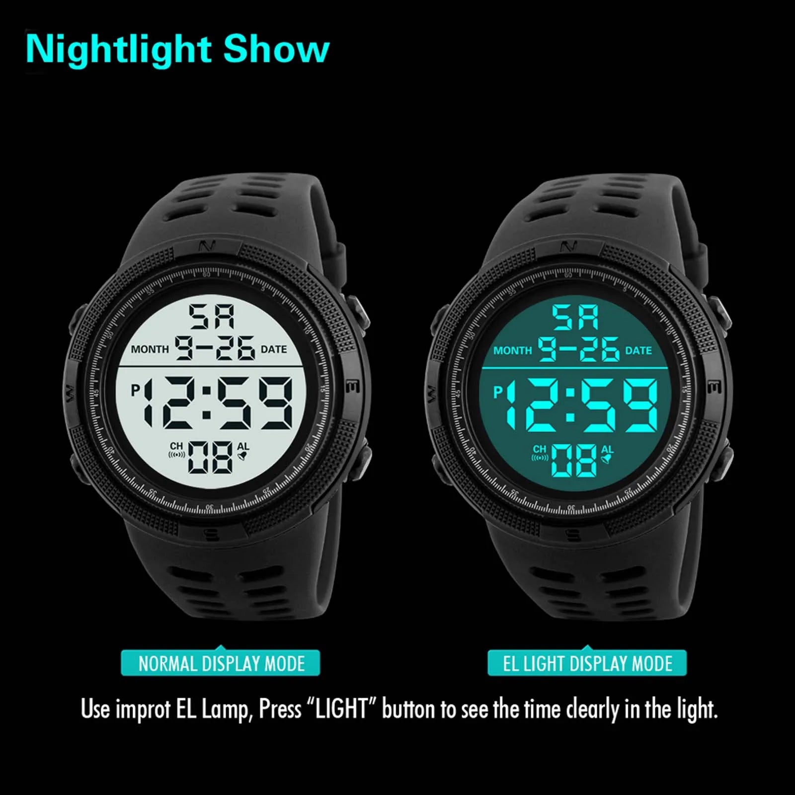 YIKAZE Men's Digital Electronic Watch Sports Glow 50mm Large Dial Student Outdoor Adventure Trend Multifunctional Watches Clock - Sun Studio