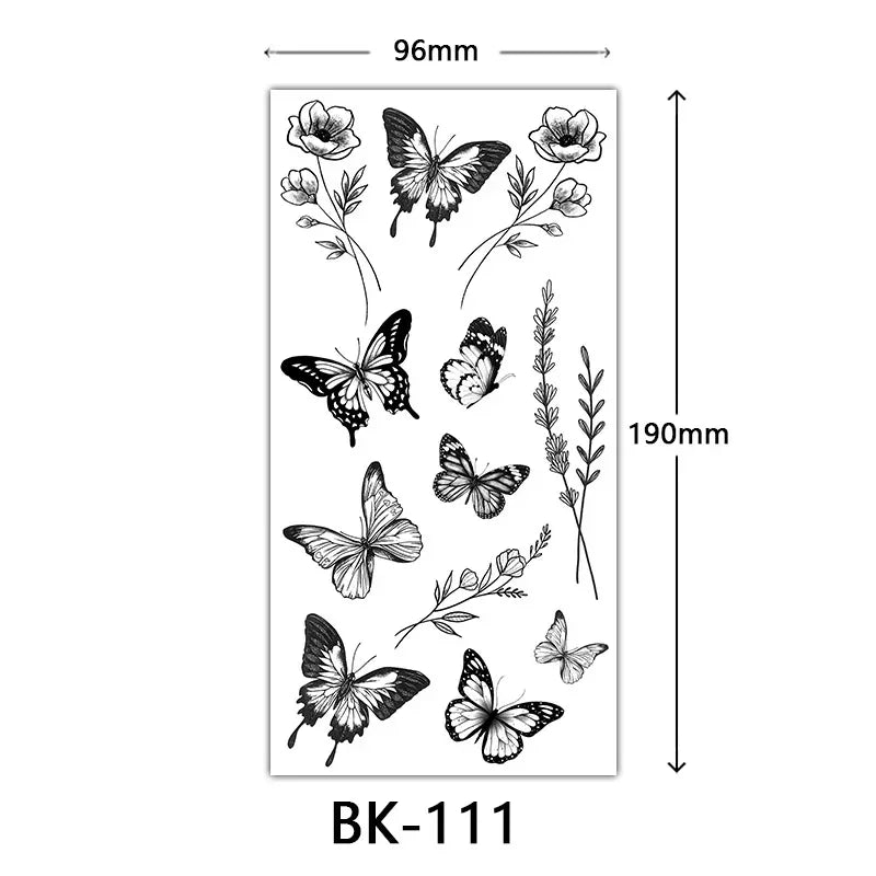 Rosenblüten-Tattoo Temporäres wasserdichtes Schmetterlings-Fake-Tattoo für Frauen Schwarzes Blumen-Skizzen-Tattoo-Aufkleber