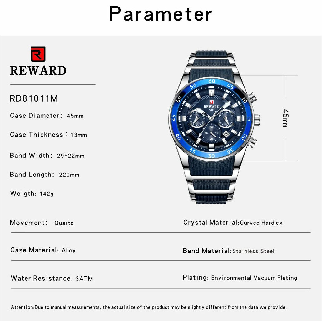 REWARD Blue Business Watches for Men Chronograph Silicone Quartz Wristwatch Man Wrist Watches Male Sports Waterproof Watch - Sun Studio