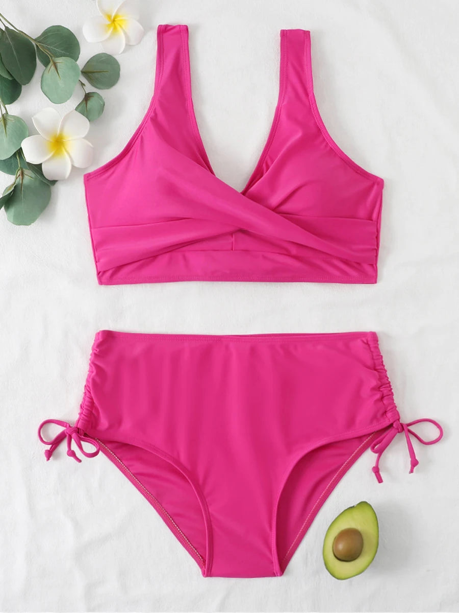 Drawstring High Waist Bikini 2023 Women Solid Swimwear Female Cross Front Swimsuit Padded Beachwear Bather Bathing Swimming Suit - Sun Studio