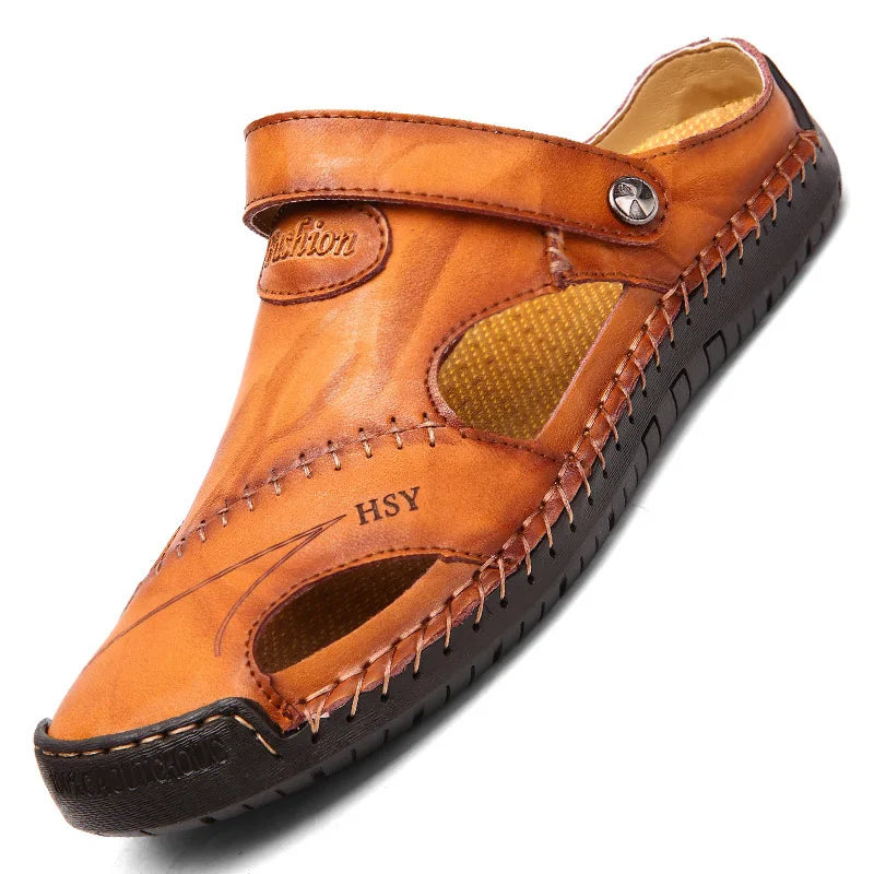 Große Größe Herren Sandalen Freizeit Leder Strand Schuhe Atmungsaktive Slip-On Langlebige genähte Konstruktion Bequeme Wandersandalen