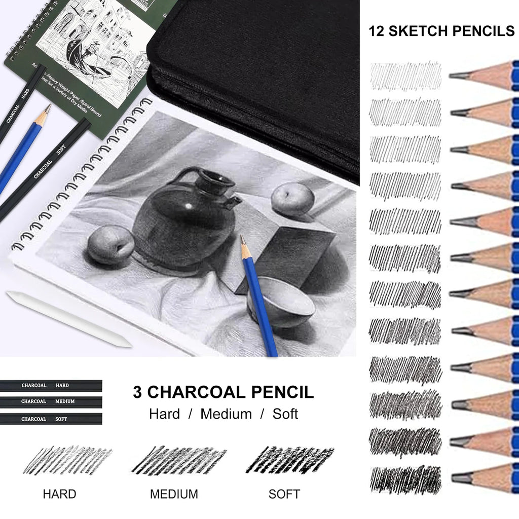 42/73/146 Pack Drawing Sketching Set, with 3-Color Sketchbook, Graphite, Charcoal Pencil, Ideal for Shading, Blending - Sun Studio