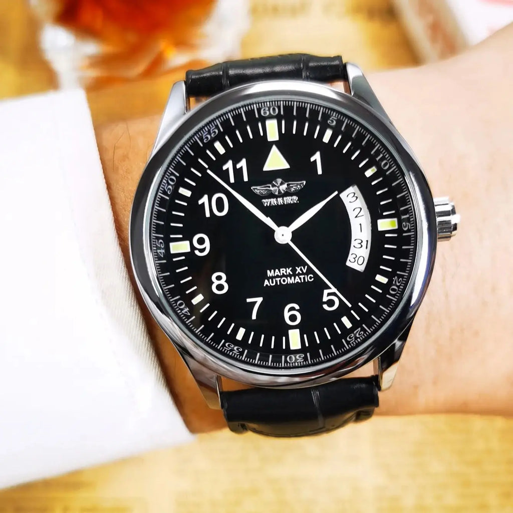 WINNER Business Automatic Watch for Men Fashion Calendar Window Black Dial Casual Leather Strap Luxury Brand Mechanical Watches - Sun Studio