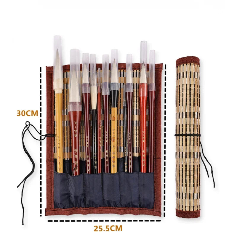 7/11Pcs Chinese Calligraphy Brush Set Kanji Japanese Sumi Painting Drawing Artist Writing Brushes With Roll-up Bamboo Pen Bag - Sun Studio