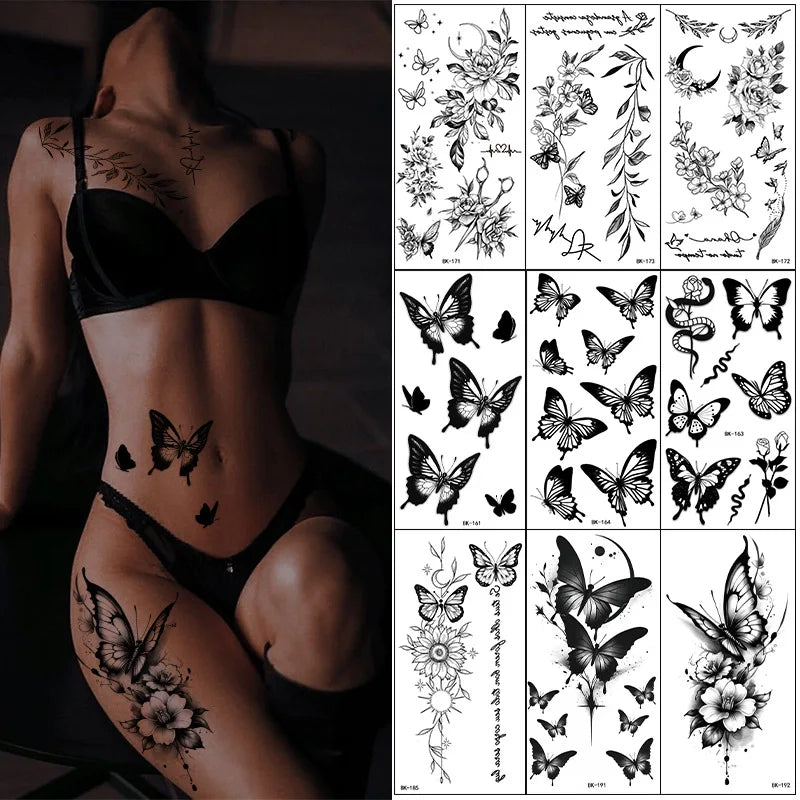 Black White Temporary Transfer Tattoos Floral Butterfly Lettering Line Art Waterproof Body Stickers for Music Festival Party - Sun Studio