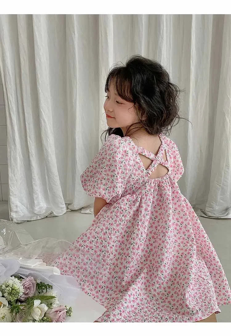 Girls Casual Dresses Floral Print Puffy Sleeves Dress Flower Girl Dresses Square Collar Clothes for Kids 3 To 7 Years - Sun Studio