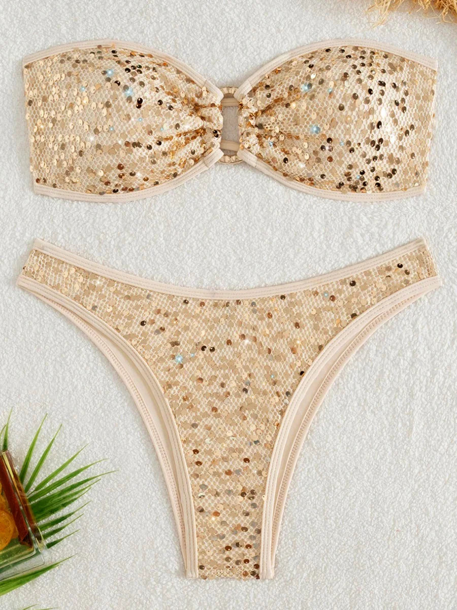 Sequins Shiny Mesh Bandeau Bikini Female Swimsuit Women Swimwear Two-pieces Bikini Set Brazilian Bather Bathing Suit Swim Lady - Sun Studio