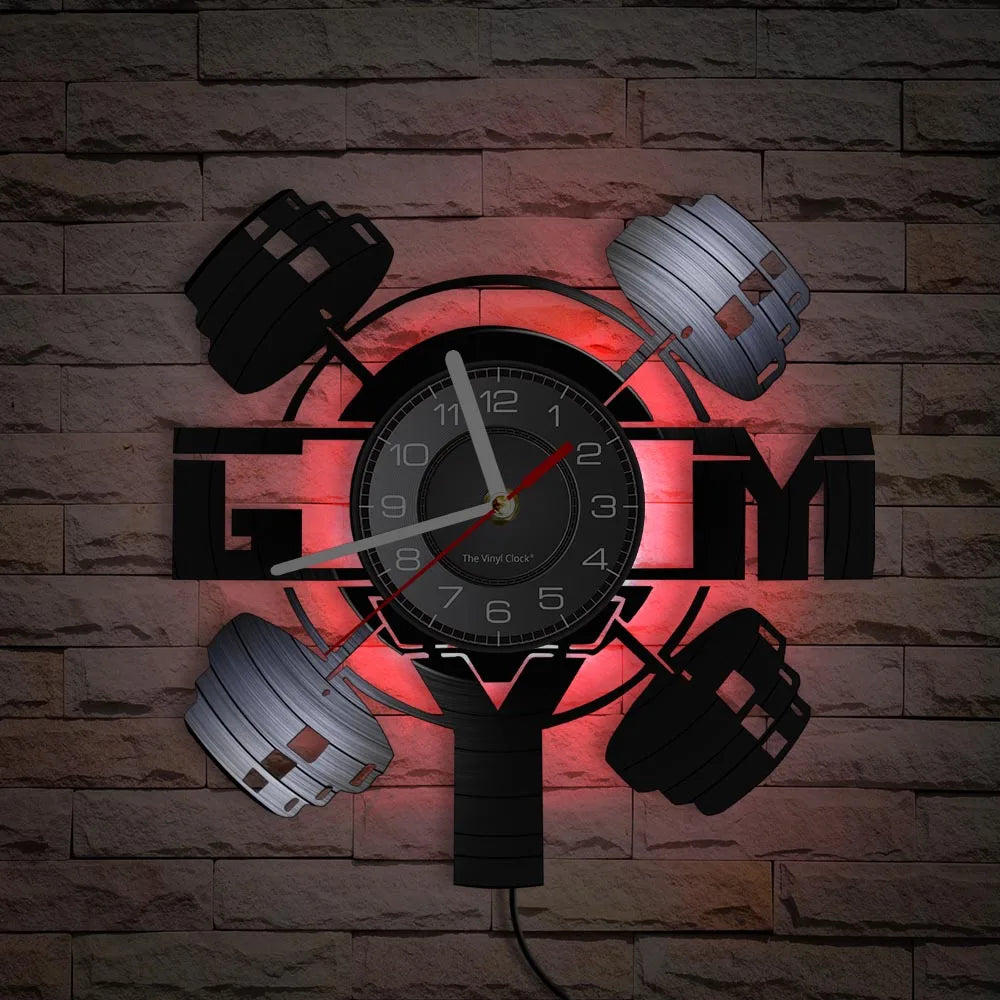 Fitness Equipment Thema Vinyl Schallplatte Fitness Wanduhr Heimdekoration LED Hintergrundbeleuchtung Moderne Fitness Uhr