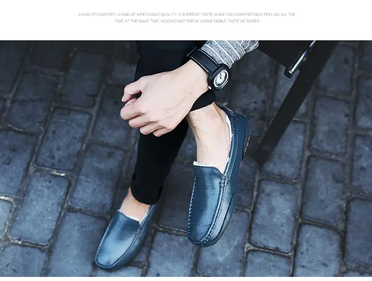 Winter Fur Loafers Men Casual Shoes Cotton Leather Dress Shoes Slip-on Flats Plush Man Moccasins Fleece Lined Driving Shoes - Sun Studio