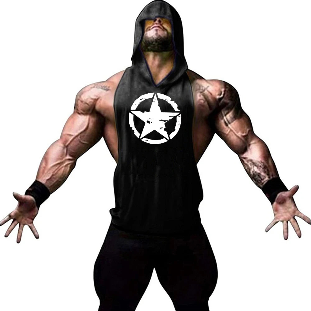 Fitness muscle vest sleeveless hooded men's summer gym sports hooded sweatshirt training sweat absorbing short sleeved vest - Sun Studio
