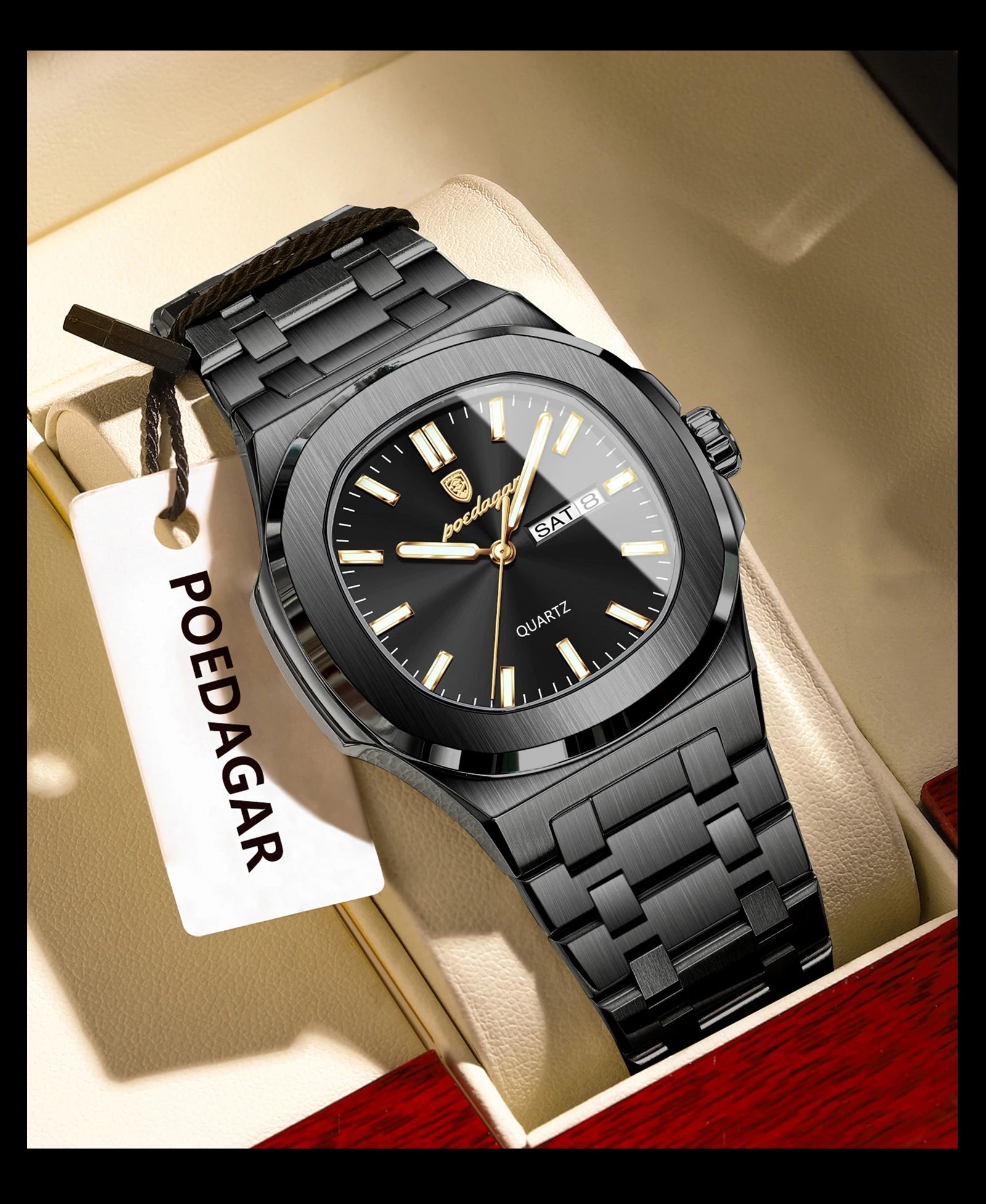 POEDAGAR Luxury Square Men's Watches Waterproof Luminous Date Week Men Watch Stainless Steel Fashion Quartz Man Wristwatch Reloj - Sun Studio