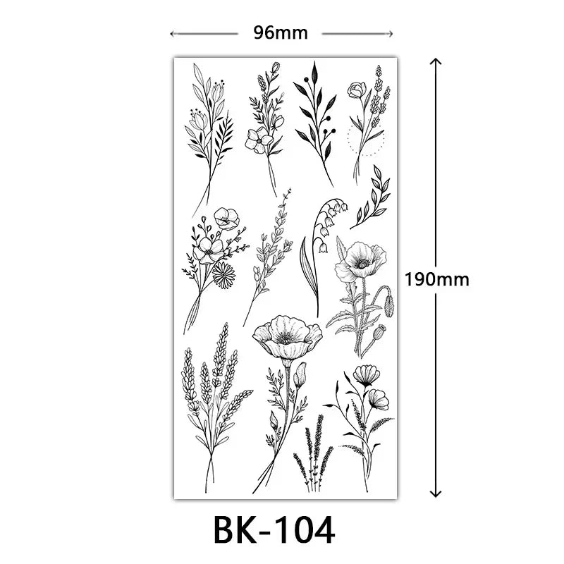 Rosenblüten-Tattoo Temporäres wasserdichtes Schmetterlings-Fake-Tattoo für Frauen Schwarzes Blumen-Skizzen-Tattoo-Aufkleber