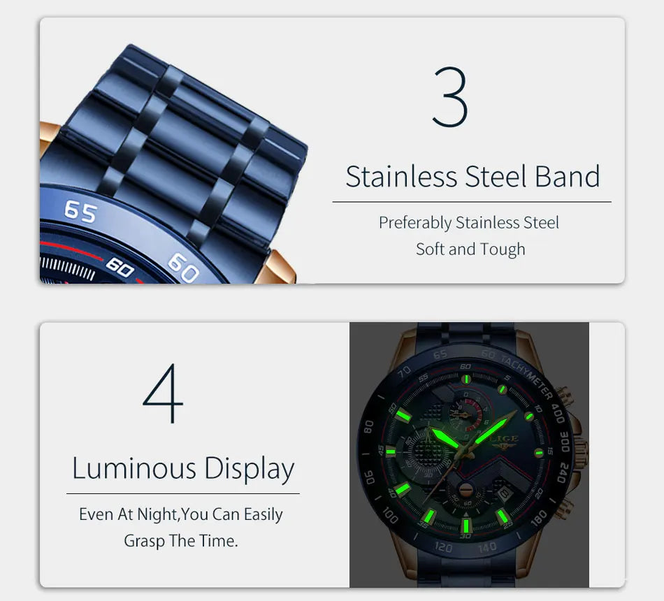 LIGE Business Men Watch Luxury Brand Stainless Steel Wrist Watch Chronograph Army Military Quartz Watches Relogio Masculino+BOX - Sun Studio