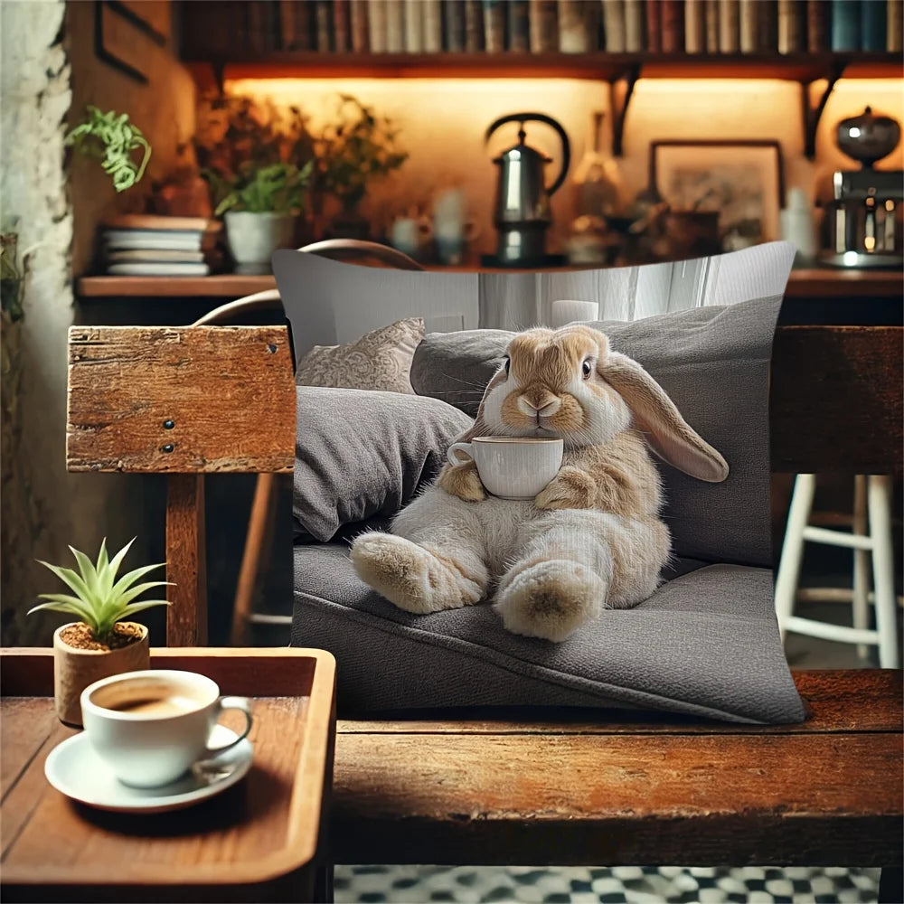 Adorable Bunny with Coffee Cup Print Pillowcase - Home Decor, Perfect for Living Room and Bedroom, Ideal Gift for Animal Lovers - Sun Studio