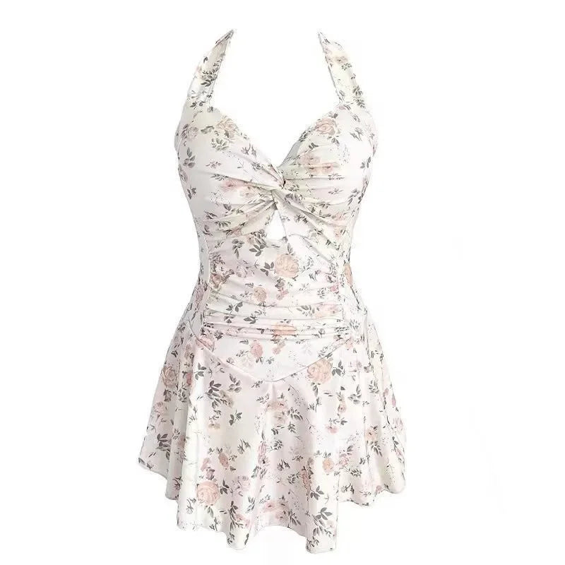 sexy Korean fashion conservative swimsuit one piece floral print wrinkled knot mini dress culottes bikinis padded swimwear - Sun Studio